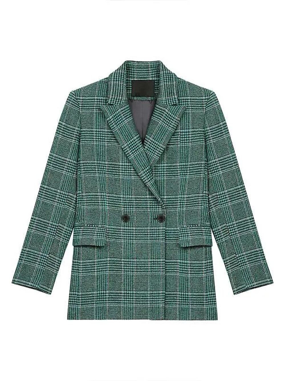 Maje Vislanda Plaid Double-Breasted Woven Blazer - US 8 Green